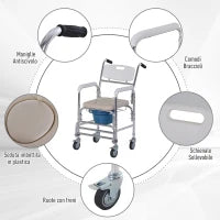 Sedia a Rotelle Impermeabile con WC Seduta in Ecopelle, 4 Ruote, Vaso Rimovibile per Anziani/Disabili, 84x54x96cm