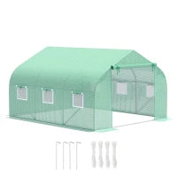 Serra da Giardino 3.5 x 3 x 2m con Tetto Spiovente in PE, Porta e 6 Finestre, Verde