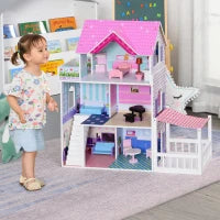 Casa delle Bambole in Legno, Casetta delle Bambole per Bambini a 3 Piani con 13 Accessori, Giocattolo per Bambini 3+ Anni