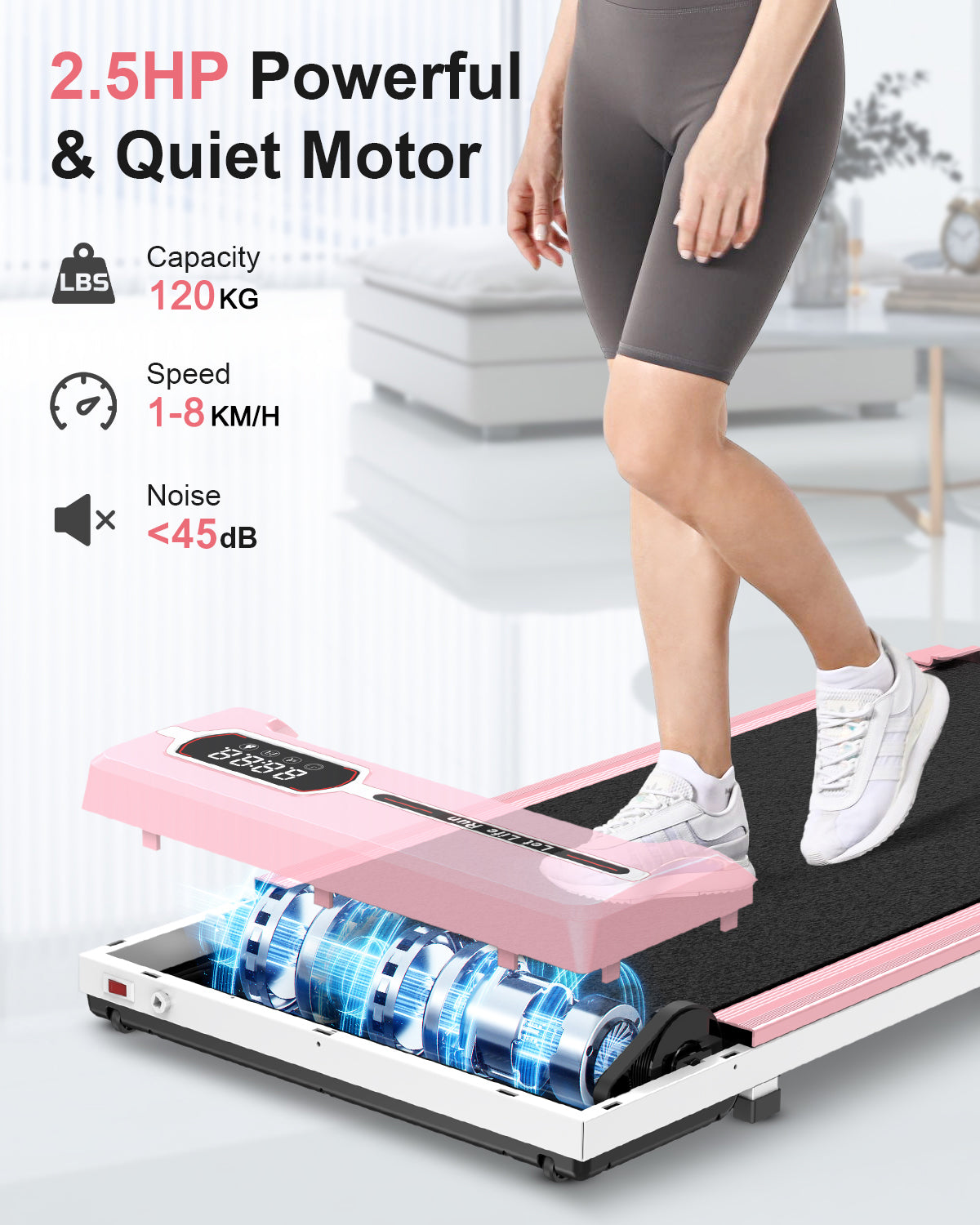 Tapis roulant 1-8km/h - RATTANTREE - Walking pad, Tapis roulant elettrico, display LED, Carico massimo di 120 kg, Rosa