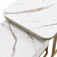 Set di Tavolini da Salotto Impilabili in Marmo Lucido con Dettagli Dorati e Cassetti, 60x60x45 cm + 50x50x34 cm, Bianco