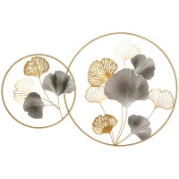Decorazione Murale 3D in Metallo, Wall Art Dorata con Ginkgo in due Cornici Rotonde, 102x66.2cm, Oro e Argento