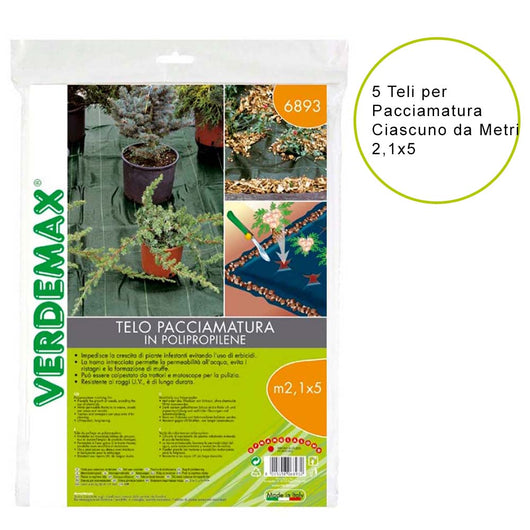 5 teli per pacciamatura in pp 100 gr/mq ciascuno da metri 2,1x5 colore nero/verde