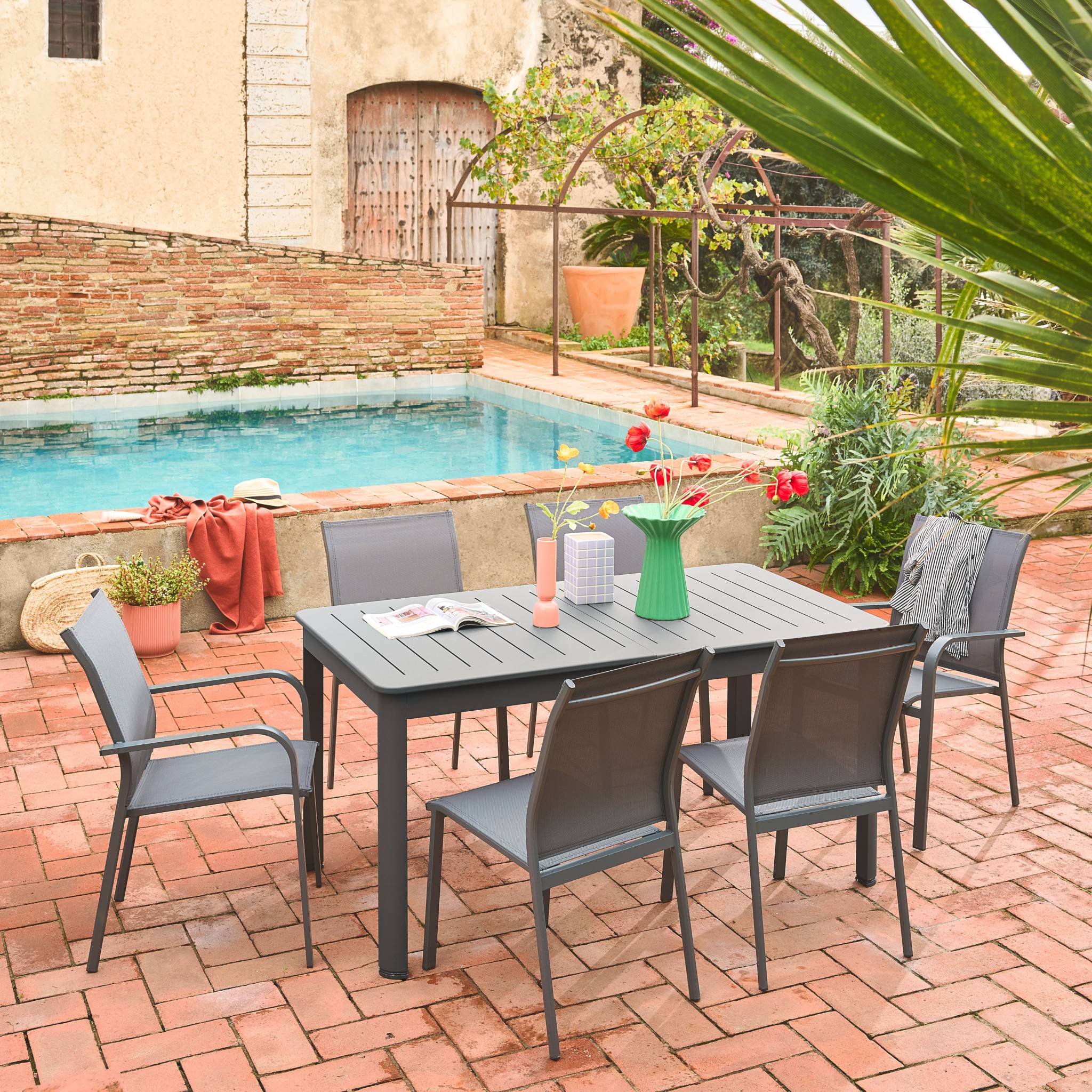 Tavolo da giardino allungabile in alluminio con 4 sedie e 2 poltrone,