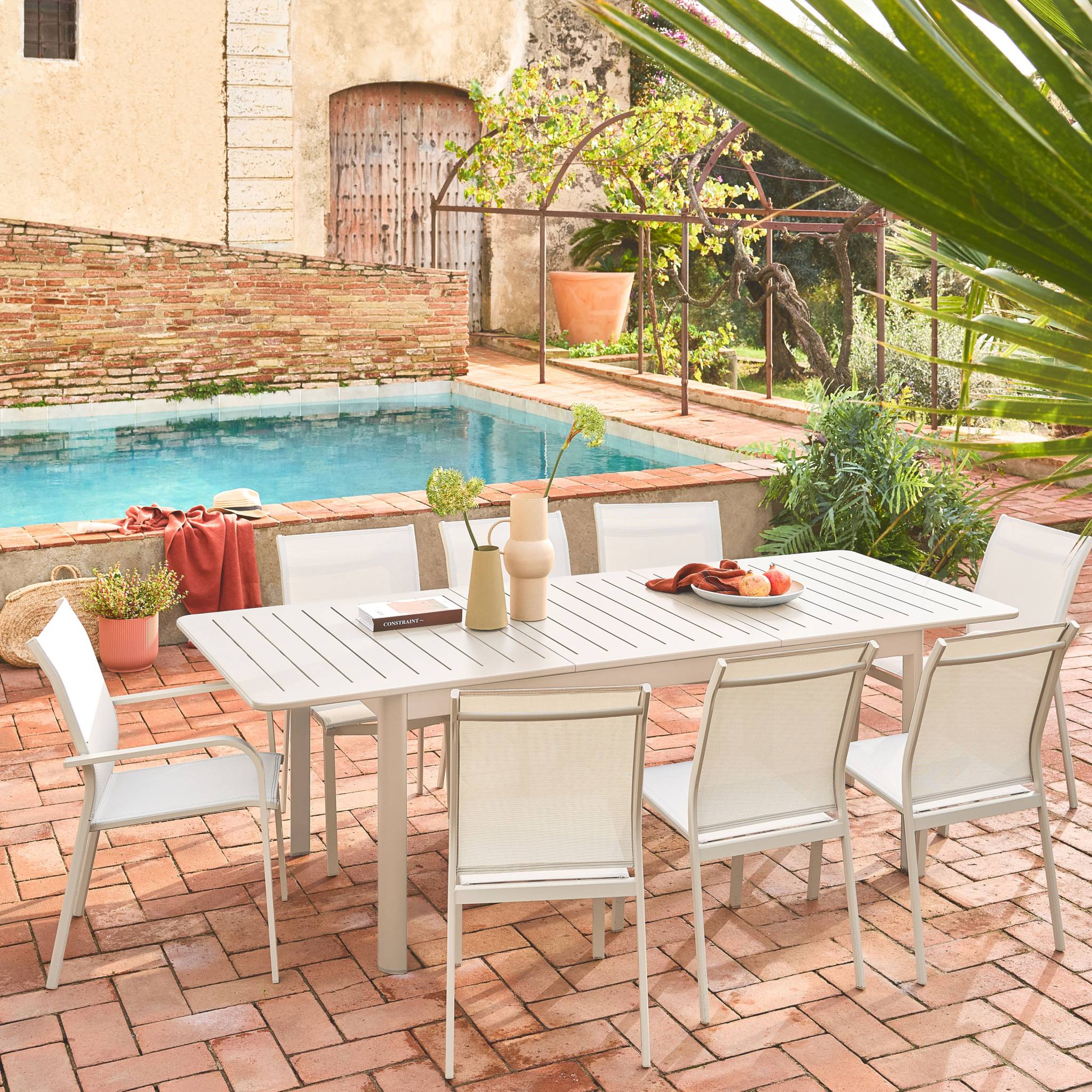 Set di 2 sedie da giardino impilabili in alluminio e textilene, beige