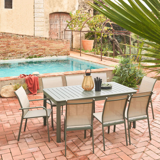 Tavolo da giardino allungabile in alluminio con 6 sedie e 2 poltrone,