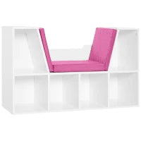 Libreria Panca 2 in 1, Design Contemporaneo, 6 Scomparti, 3 Cuscini Inclus,i 102L x 30P x 61H cm, Bianco e Rosa