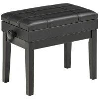 Sgabello per Pianoforte con Altezza Regolabile e Contenitore in Legno e Finta Pelle, 63x35x46-56cm, Nero