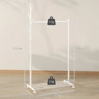 Appendiabiti con Ruote 5 Ganci Barra per Appendere e Scaffale Inferiore per Ingresso Entrata 86x43x171 cm Bianco