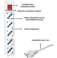 Multipresa elettrica ecova 5 ingressi universali 10/16a colore bianco