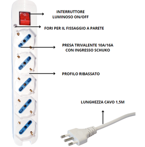 Multipresa elettrica ecova 5 ingressi universali 10/16a colore bianco