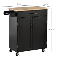 Carrello da Cucina con Cassetto e Armadietto 2 Ante, Ruote e Barra Laterale, 83x45x91.5cm, Nero