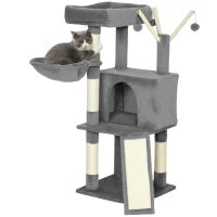 Albero tiragraffi per gatti con tappetino in sisal, piattaforma, tana e amaca, 40,5 x 40,5 x 103 cm, Grigio