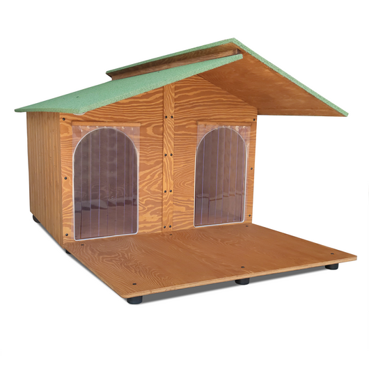 CUCCIA IN LEGNO DA ESTERNO MODELLO 4XL GIGANTE CON DUE INGRESSI, DAVANZALE, PENSILINA SENZA SEPARÈ E "TENDINE OMAGGIO" L.150 x P.190 x H.115