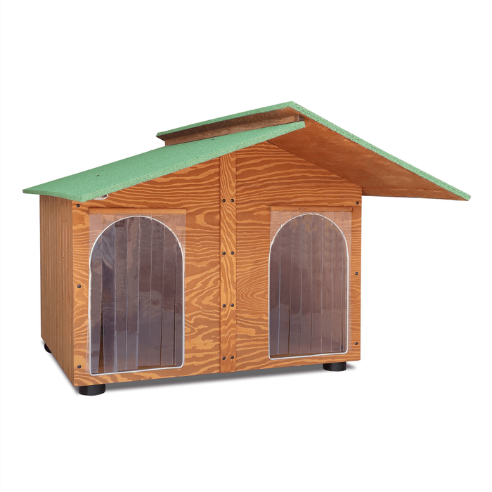 CUCCIA IN LEGNO DA ESTERNO MODELLO 4XL GIGANTE E PENSILINA CON DUE INGRESSI SENZA SEPARÈ E "TENDINE OMAGGIO" L.150 x P.180 X H.115