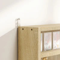 Bacheca Portaoggetti a 5 Ripiani Regolabili in Legno con Ante in Vetro, 80x9.5x60 cm, Color Legno