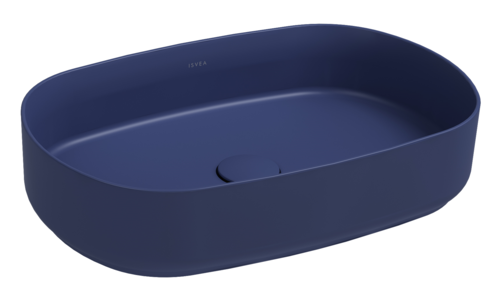 Lavabo ovale da appoggio senza troppo pieno in ceramica senza foro rubinetto - Blu Opaco