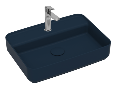 Lavabo rettangolare da appoggio senza troppo pieno in ceramica con foro rubinetto - Blu Opaco