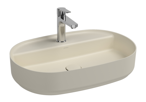 Lavabo ovale da appoggio senza troppo pieno in ceramica con foro rubinetto - Avorio Opaco