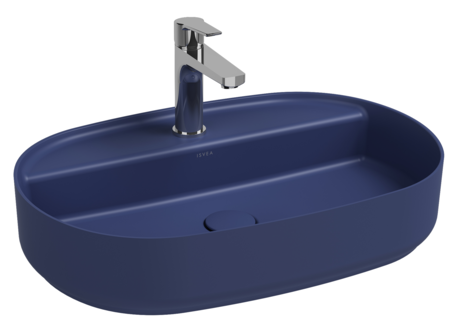 Lavabo ovale da appoggio senza troppo pieno in ceramica con foro rubinetto - Blu Opaco
