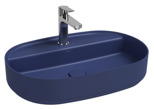 Lavabo ovale da appoggio senza troppo pieno in ceramica con foro rubinetto - Blu Opaco