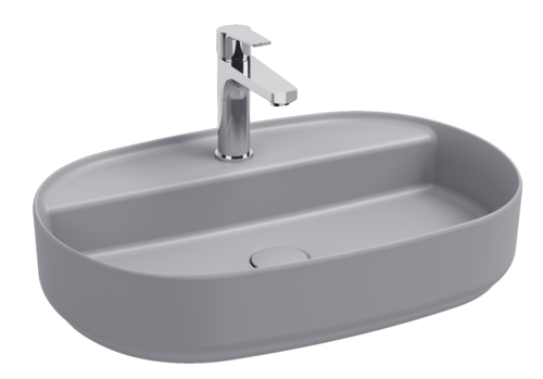 Lavabo ovale da appoggio senza troppo pieno in ceramica con foro rubinetto - Grigio Pietra Opaco