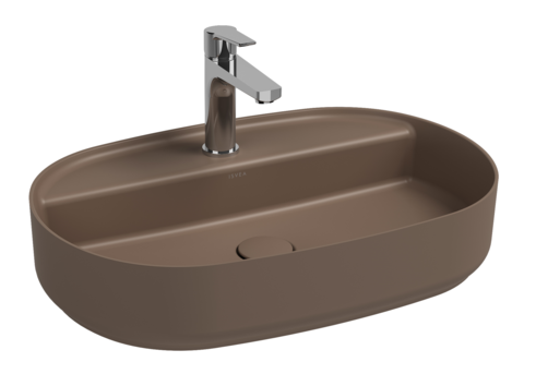 Lavabo ovale da appoggio senza troppo pieno in ceramica con foro rubinetto - Tortora Opaco