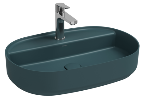 Lavabo ovale da appoggio senza troppo pieno in ceramica con foro rubinetto - Verde Petrolio Opaco