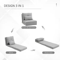 Poltrona Letto 3 in 1 Convertibile in Chaise Longue e Divano da Terra con 2 Cuscini, Grigio Chiaro