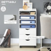 Cassettiera da Ufficio con 4 Ruote 4 Ripiani 3 Cassetti, Legno Bianco
