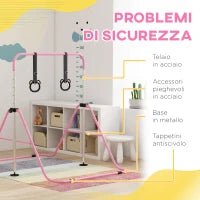 Sbarra Ginnastica Artistica per Bambini ad Altezza Regolabile con 2 Anelli, in Acciaio, 148x105x88-128 cm, Rosa