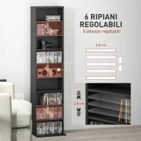 Scaffale Porta CD con 6 Ripiani Regolabili, Capacità di 260 CD/120 DVD, 33x24x140 cm, Nero