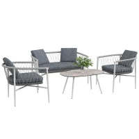 Set da Giardino in Rattan da 4 Pezzi, Funzione Dondolo, Cuscini per Sedute, Polirattan, Struttura in Metallo, Grigio