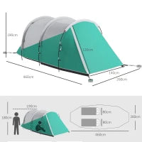 Tenda da Campeggio 3 Posti Impermeabile a Tunnel con Borsa di Trasporto, 460x260x190 cm, Verde