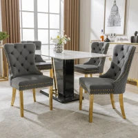 Set di 4 Sedie Grigio Imbottite in Velluto, Decorazioni in Rivetti e Anelli Rotondi, Gambe Dorate, 51x65,5x95 cm