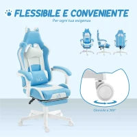 Sedia da Gaming Reclinabile con Poggiapiedi e Cuscini, in Finta Pelle e Spugna, 65x62x116-124 cm, Bianco e Rosa