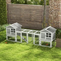 Conigliera in Legno da Esterno con 2 Casette e Area Aperta Recintata con Porte e Rampe, 259x64x92 cm, Grigia