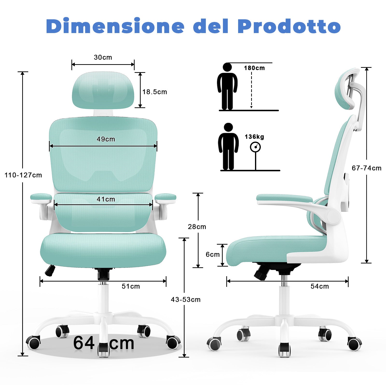 Sedia Ufficio con Supporto Lombare - RATTANTREE  - Poggiatesta Braccioli Regolabili e Schienale Reclinabile - Verde