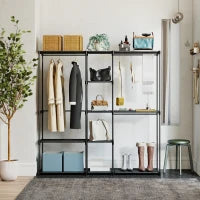 Armadio Guardaroba in Tessuto con 8 Ripiani e 3 Aste per Appendere, 182x43x185 cm, Nero