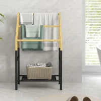 Portasciugamani a Terra con 3 Barre e Ripiano Inferiore, in Bambù e Acciaio, 51x31x85.5 cm, Nero e color Legno