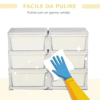 Cassettiera 6 Cassetti per Bambini 3-6 Anni con Bordi Arrotondati, in PP Bianco Crema, 75x37x56.5 cm