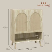 Mobile Multiuso in Stile Boho con Ante in Rattan e Ripiano Aperto, 80x38x100cm, Rovere