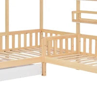Letto per bambini a forma di casetta con cassetti e scaffali, senza materasso, 90x200 cm + 140x70 cm,naturale