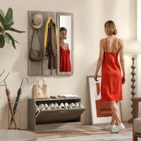 Set da Ingresso 3 Pezzi con Scarpiera, Appendiabiti e Specchio, in Legno e Vetro, color Legno e Bianco