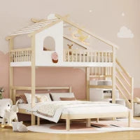 Letto a soppalco 90×200 cm con scaletta contenitore per bambini, senza materasso, Legno naturale e Bianco