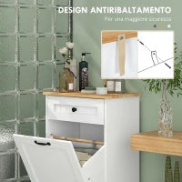 Mobiletto Bagno in Legno con Cesto Portabiancheria in Tessuto Ribaltabile e Cassetto, Bianco
