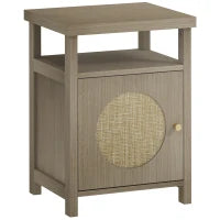 Comodino con Scaffale Aperto e Vano con Anta in Rattan, 40x35x55 cm, Legno Naturale