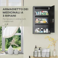 kleankin Armadietto Medicinali con 3 Mensole e Blocco con Chiavi in Acciaio, 30x14x46cm, Nero