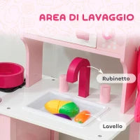 Cucina Giocattolo per Bambini 3+ Anni con Microonde, Piano Cottura e Lavandino, in Legno, 55x24x86 cm, Rosa
