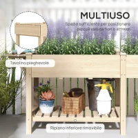 Fioriera Rialzata con Tavolino Laterale e Ripiano Porta Attrezzi Inferiore, in Legno di Abete, 207x59x78 cm